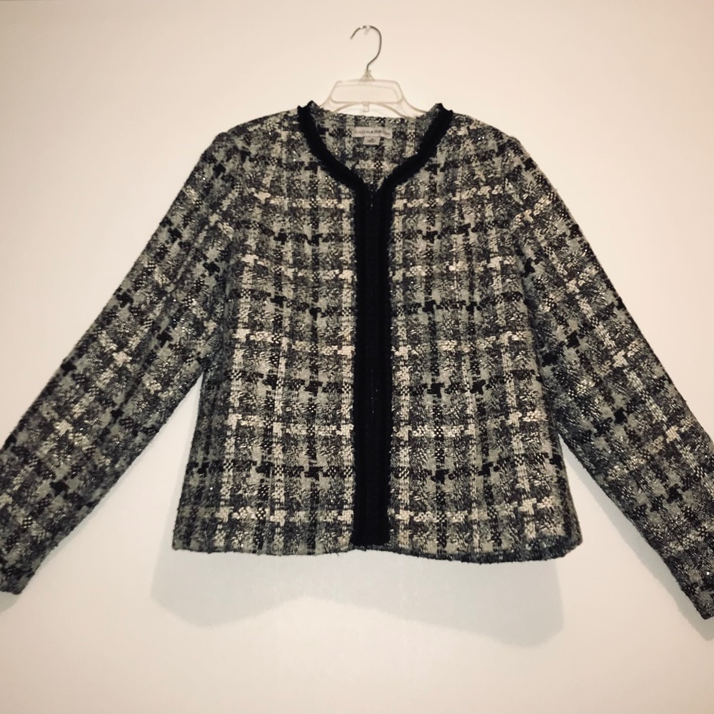 Vintage Sag Harbor Metallic Speckled Tweed Zip Blazer Size 16 Black White Gold